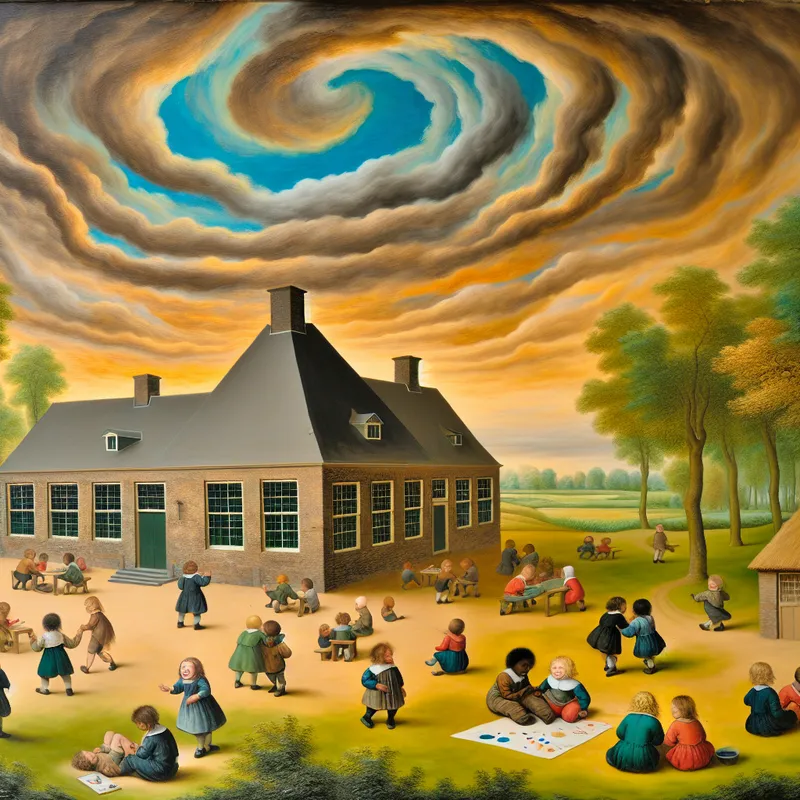 Een schilderachtig landschap met een basisschool en spelende kinderen in een groene omgeving.